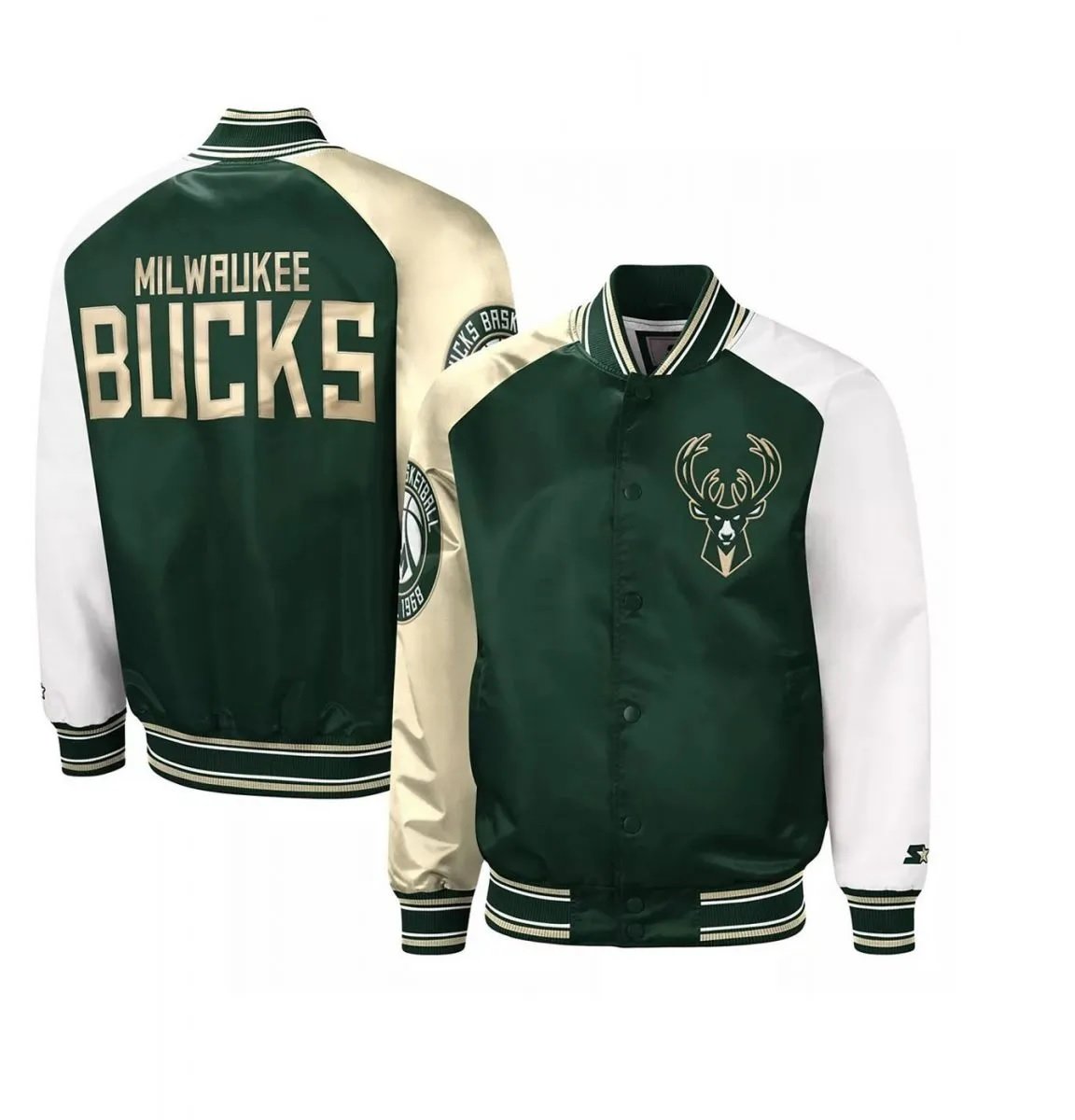 Milwaukee Bucks Letterman Beige and Green Jacket