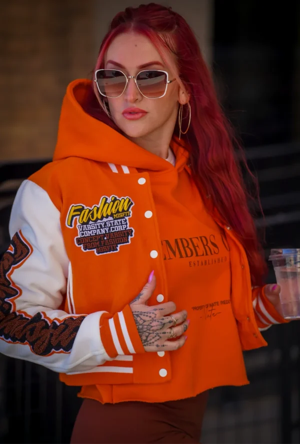 Women’s Orange Crop Fashion Misfit Varsity Jacket