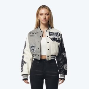 Cropped Color Block Wool Varsity Jacket - Light Grey