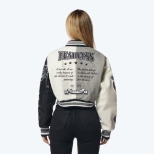 Cropped Color Block Wool Varsity Jacket - Light Grey