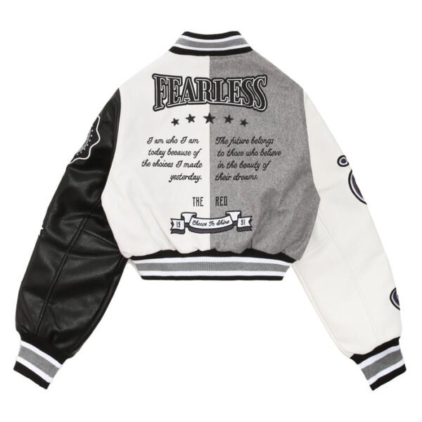 Cropped Color Block Wool Varsity Jacket - Light Grey