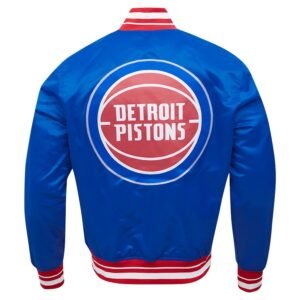 Detroit Pistons Script Tail Blue Satin Varsity Jacket