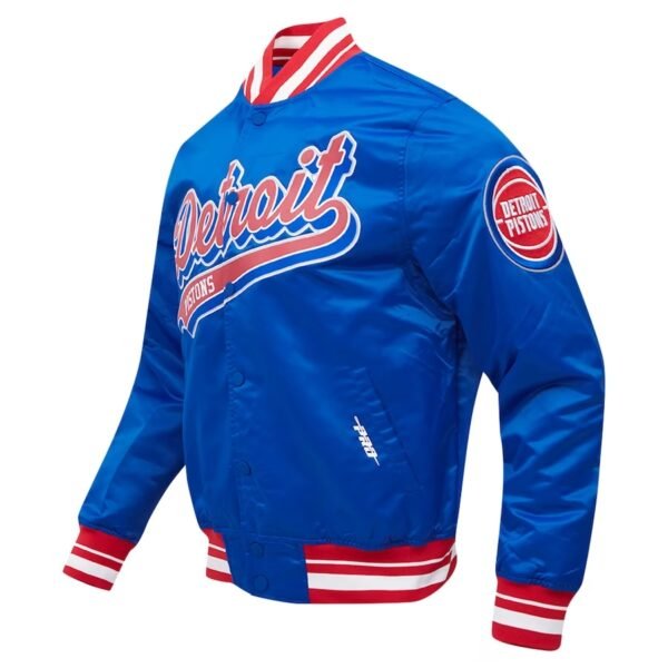 Detroit Pistons Script Tail Blue Satin Varsity Jacket