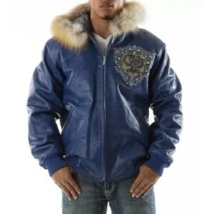 Pelle Pelle Blue PP Crest Fur Hood Leather Jacket