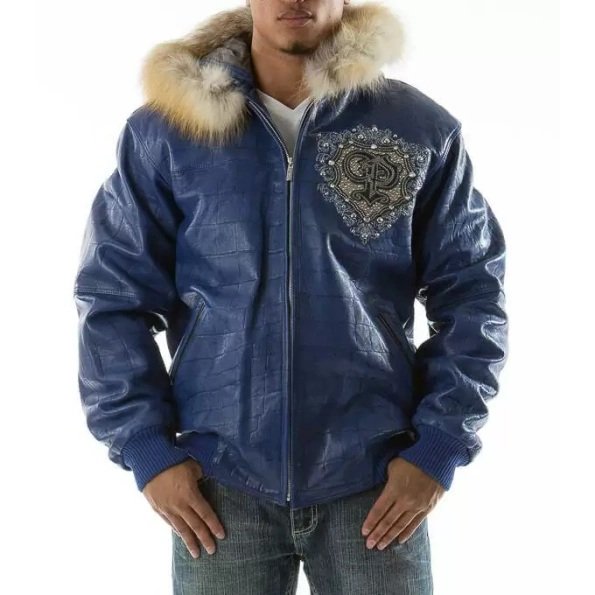 Pelle Pelle Blue PP Crest Fur Hood Leather Jacket