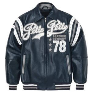 Shop the Pelle Pelle Blue Plush Varsity Jacket for a stylish and cozy addition to your collection. Make a statement with this timeless fashion staple!