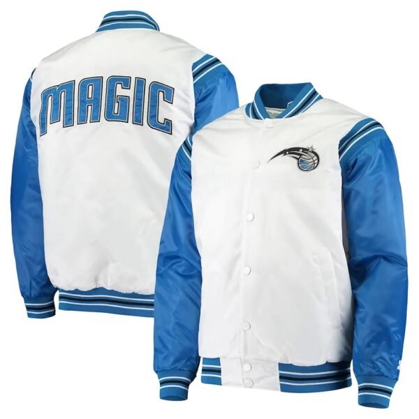White and Blue Orlando Magic Renegade Varsity Satin Jacket