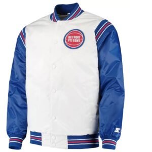 White/Blue Detroit Pistons Renegade Varsity Satin Jacket