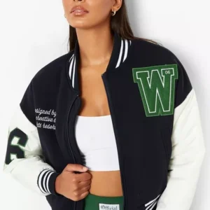 Crop Contrast Sleeve Varsity Jacket