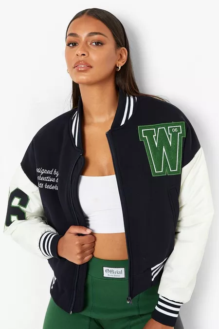 Crop Contrast Sleeve Varsity Jacket