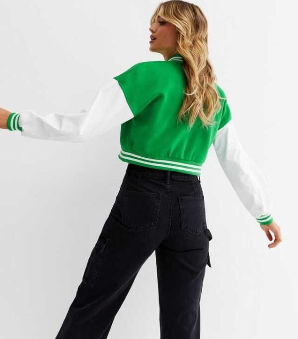 Pink Vanilla Green Crop Varsity Bomber Jacket