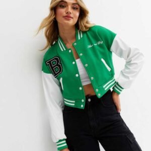 Pink Vanilla Green Crop Varsity Bomber Jacket