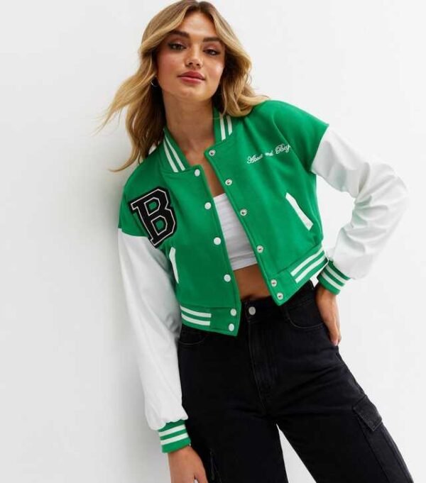 Pink Vanilla Green Crop Varsity Bomber Jacket