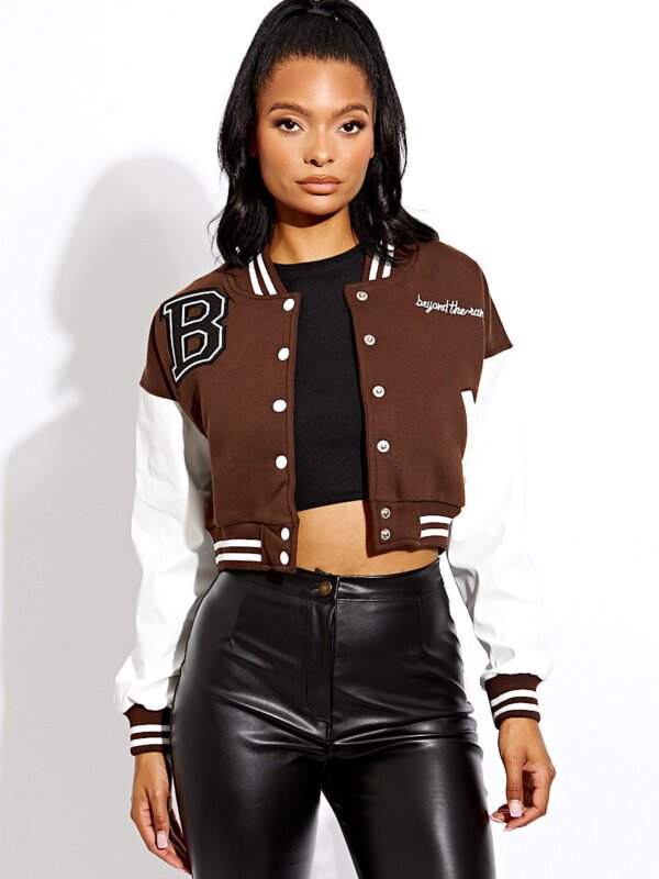 Embroidered Contrast Sleeve Cropped Varsity Jacket