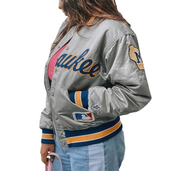 Milwaukee Brewers Grey Varsity Satin Jacket