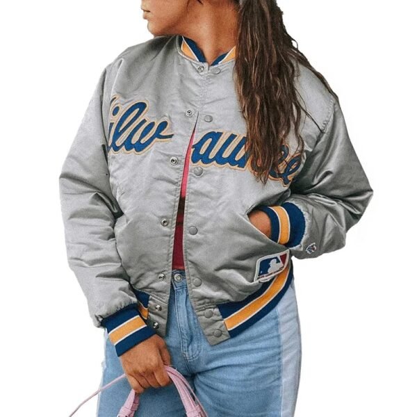 Milwaukee Brewers Grey Varsity Satin Jacket
