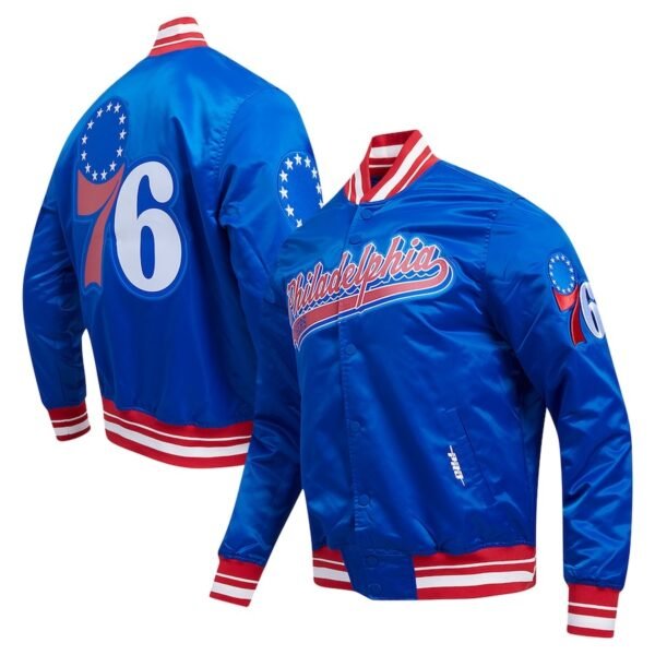Philadelphia 76ers Script Tail Royal Satin Varsity Jacket