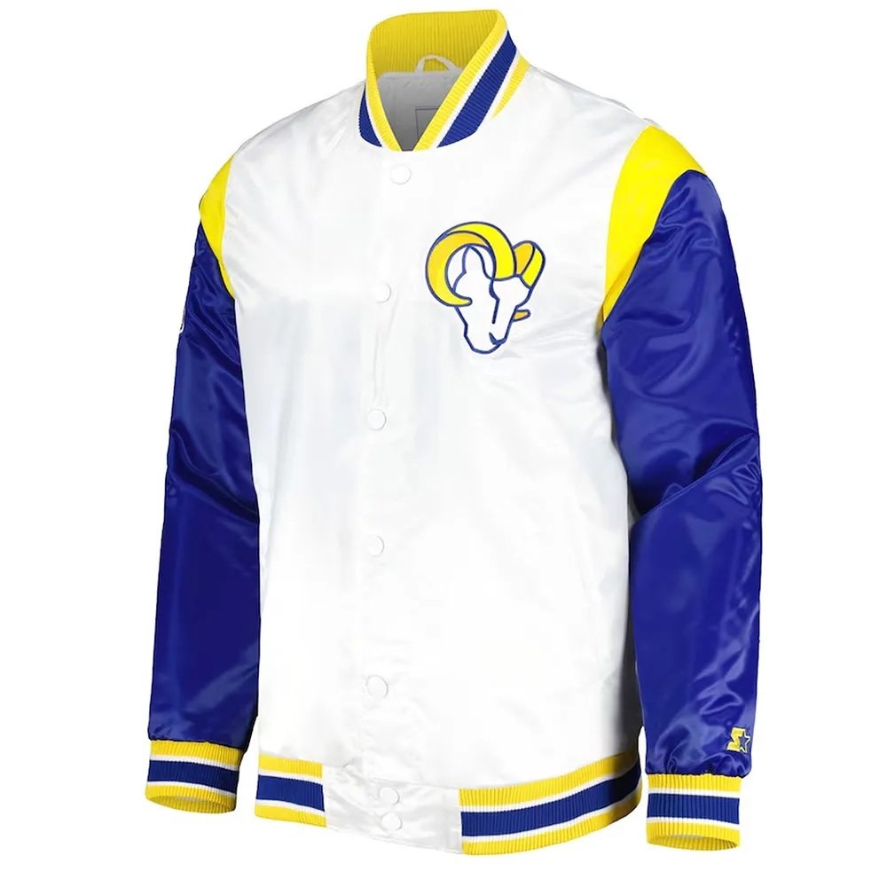 LA Rams Throwback Warm Up Pitch Varsity Satin Jacket